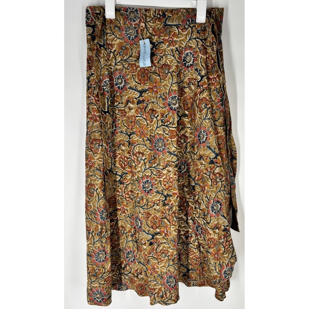 Boho India Cotton Floral Block Print Wrap Skirt Maxi Peasant White Lotus Style